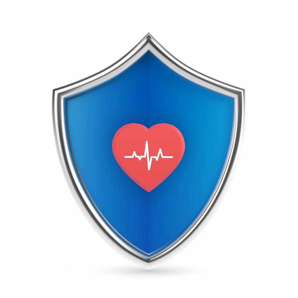 Medical health protection shield with heart icon with heartbeat line. vector