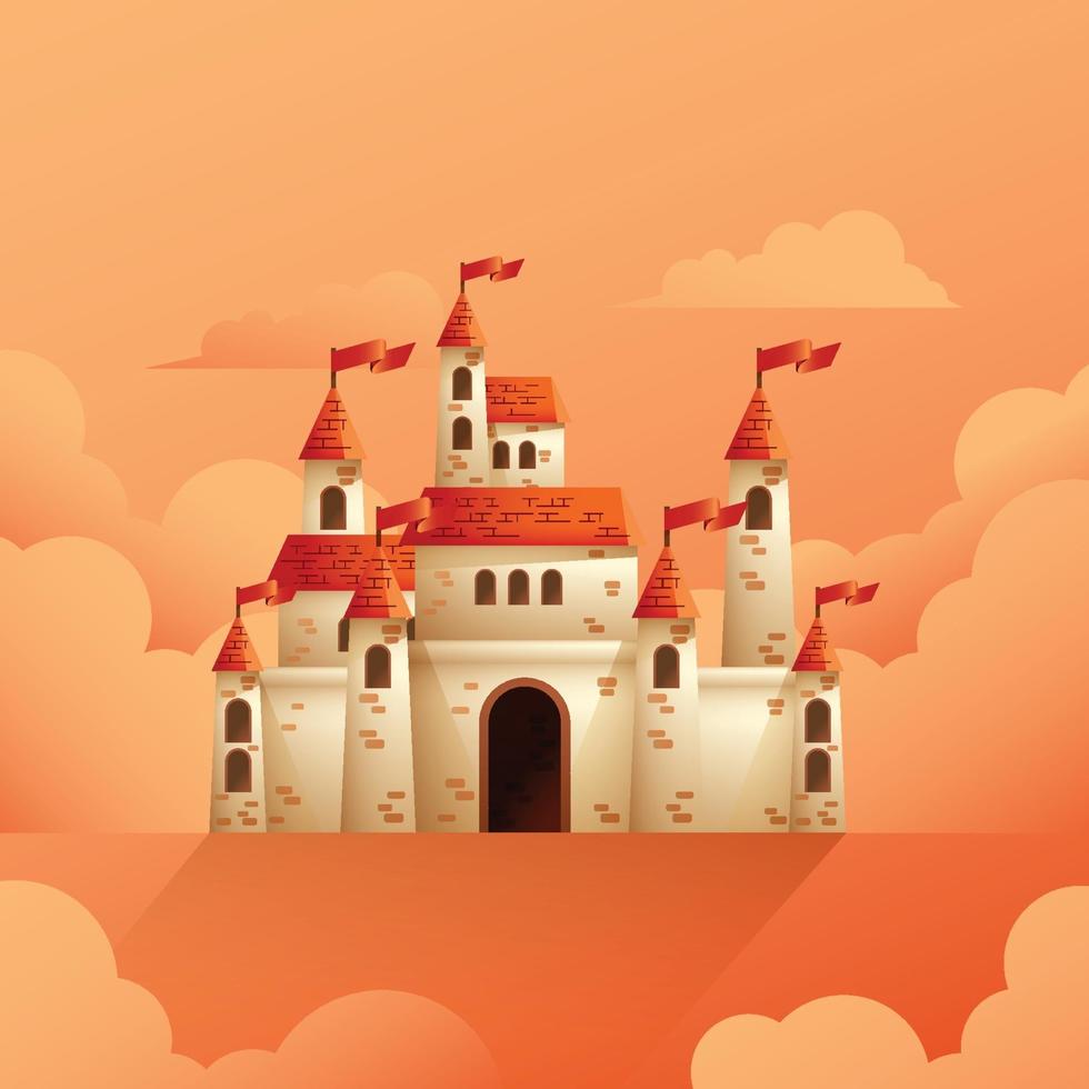 Ilustración de vector de castillo medieval sobre fondo nublado