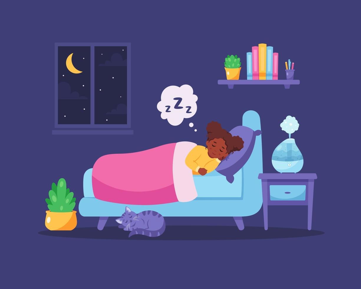 Little black girl sleeping in bedroom with air humidifier vector