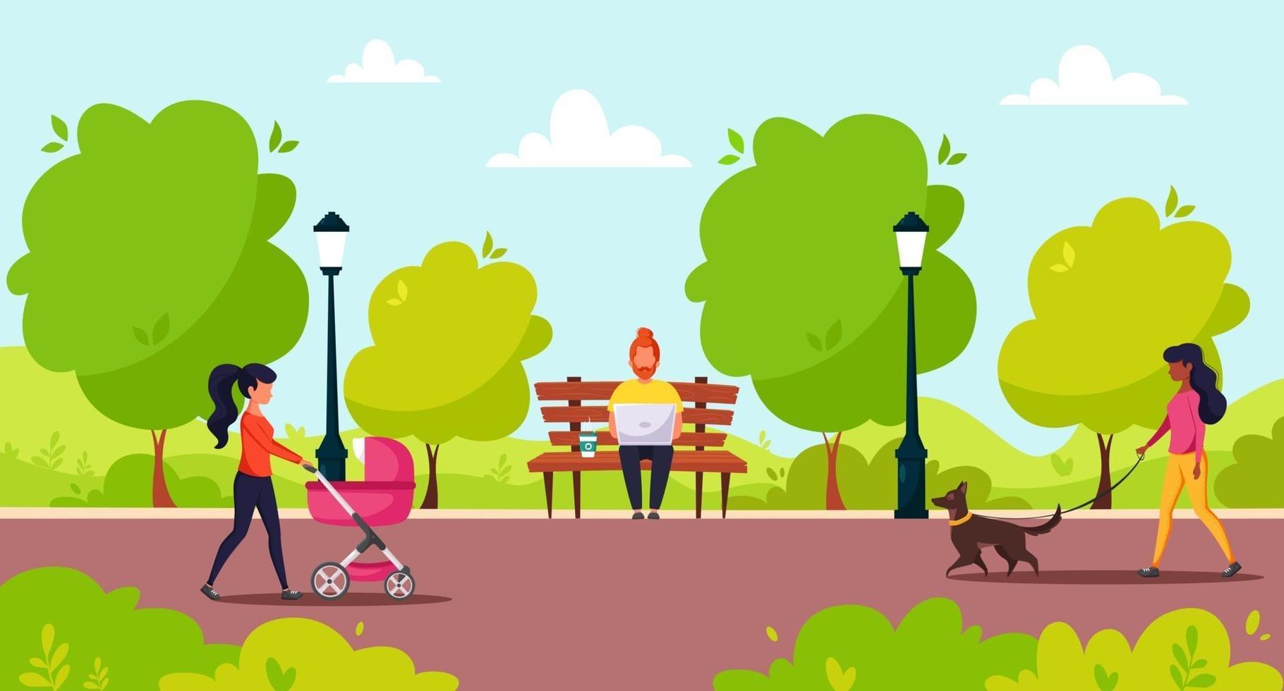 People in the park. Man sitting with laptop, woman walking with baby vector