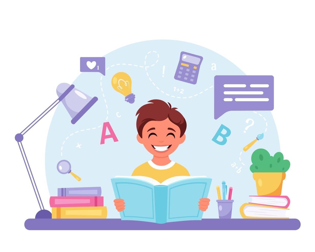 Boy reading book. Boy doing homework. Back to school vector