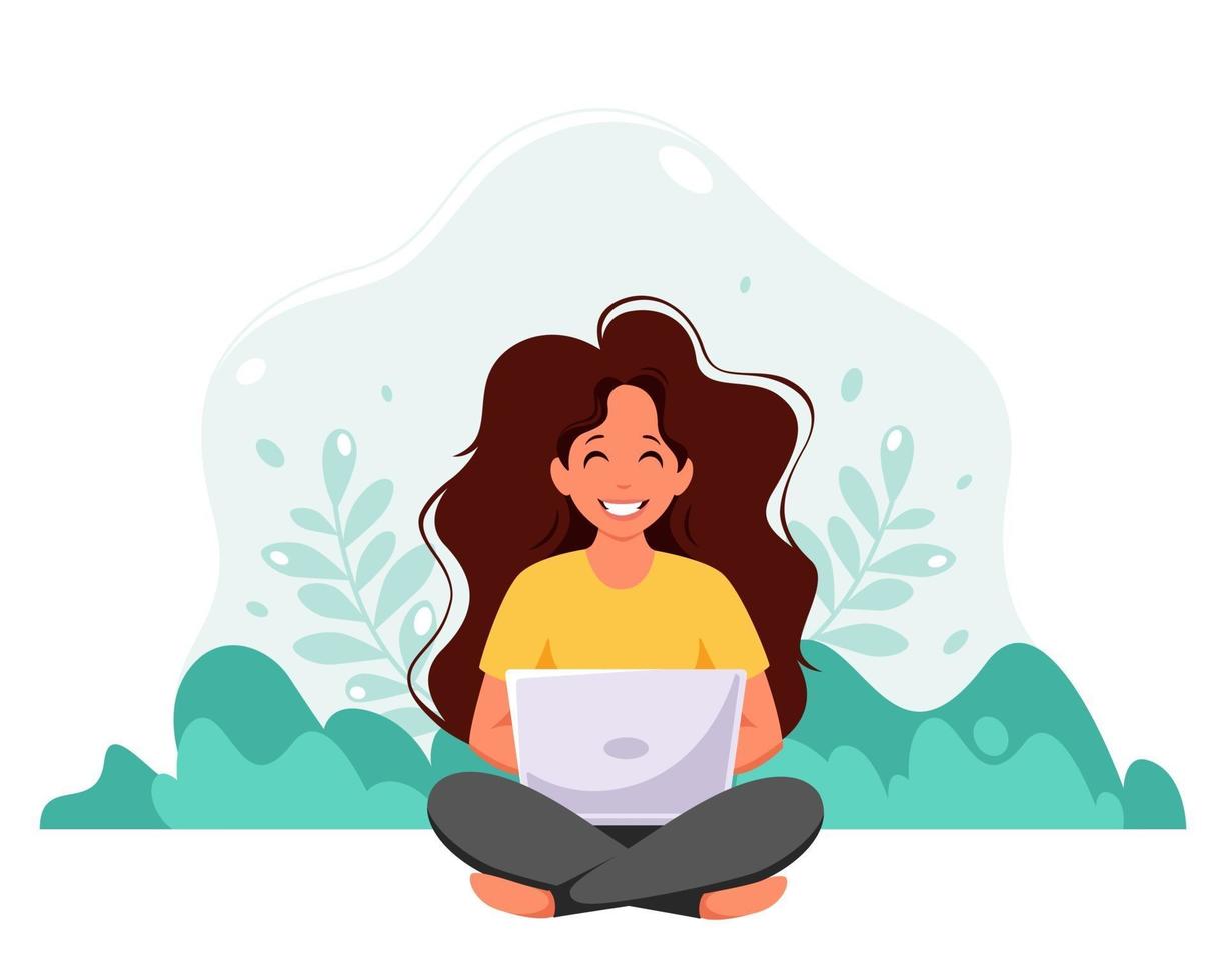 Woman working on laptop. Freelance, remote working vector