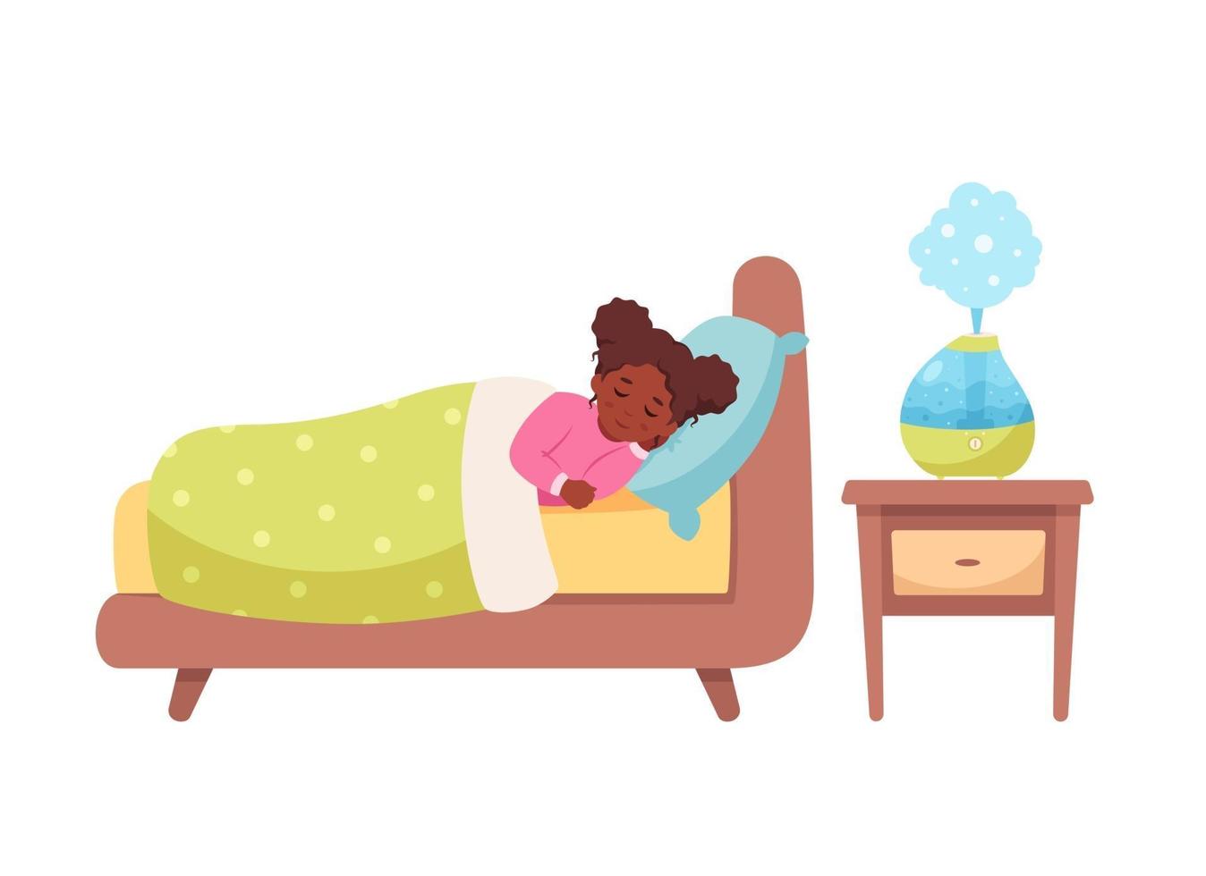 chica negra durmiendo con humidificador de aire en la habitación. sueño saludable. vector