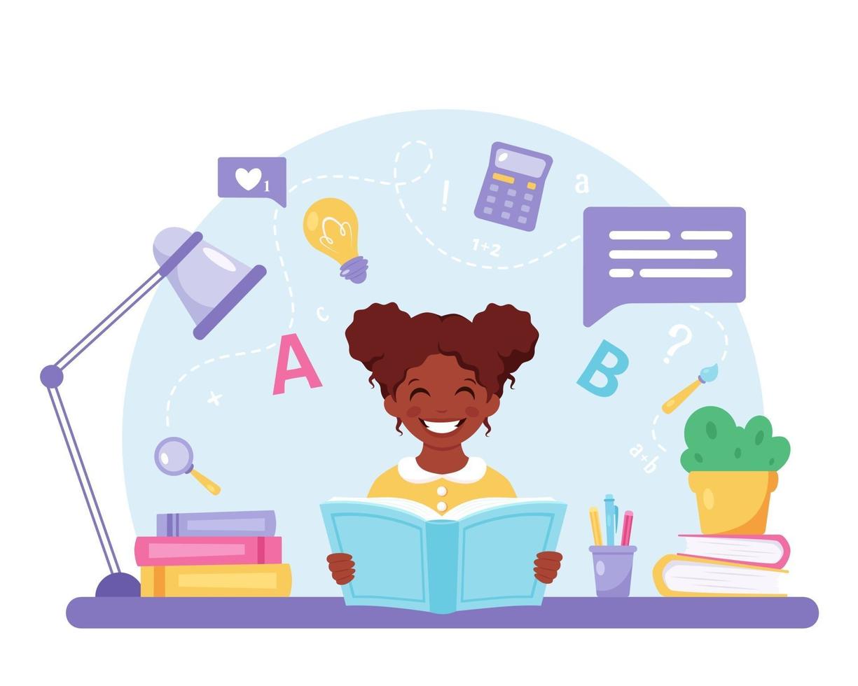 Black girl reading book. Girl doing homework. Back to school vector