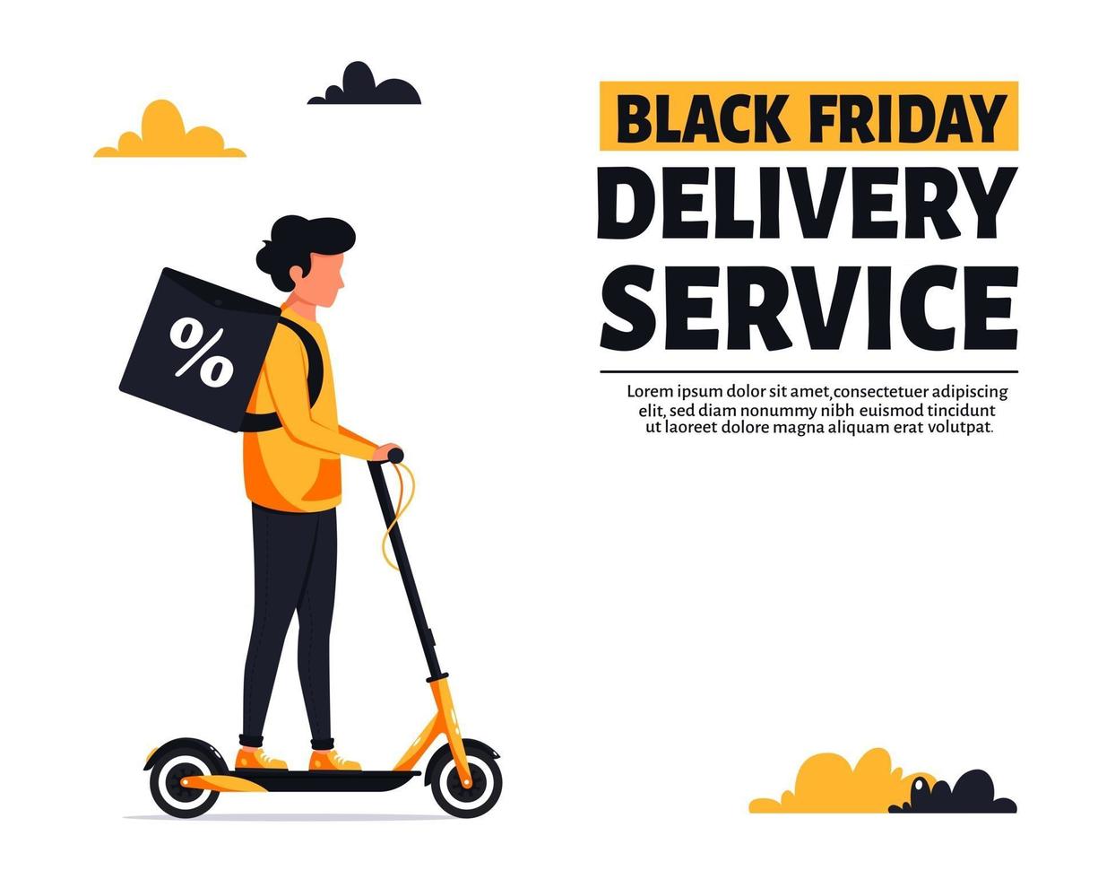 Black friday delivery service. Courier riding electric scooter vector