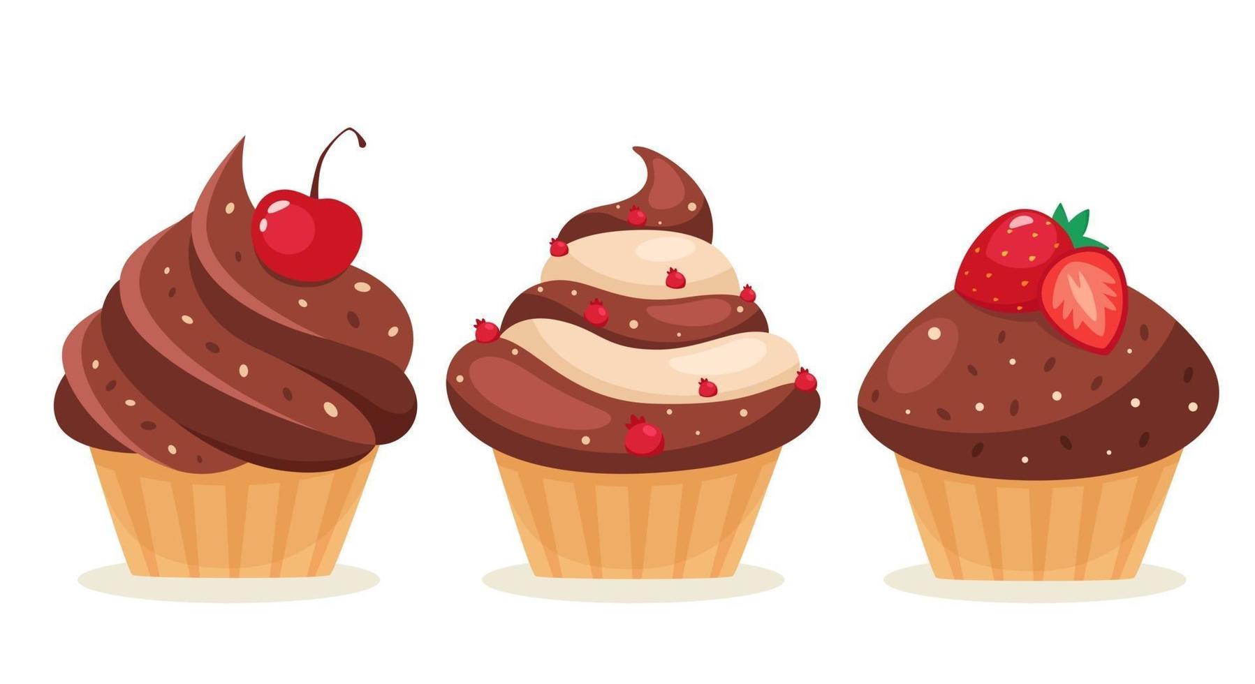 Chocolate cupcakes with cherry, strawberry, currant vector
