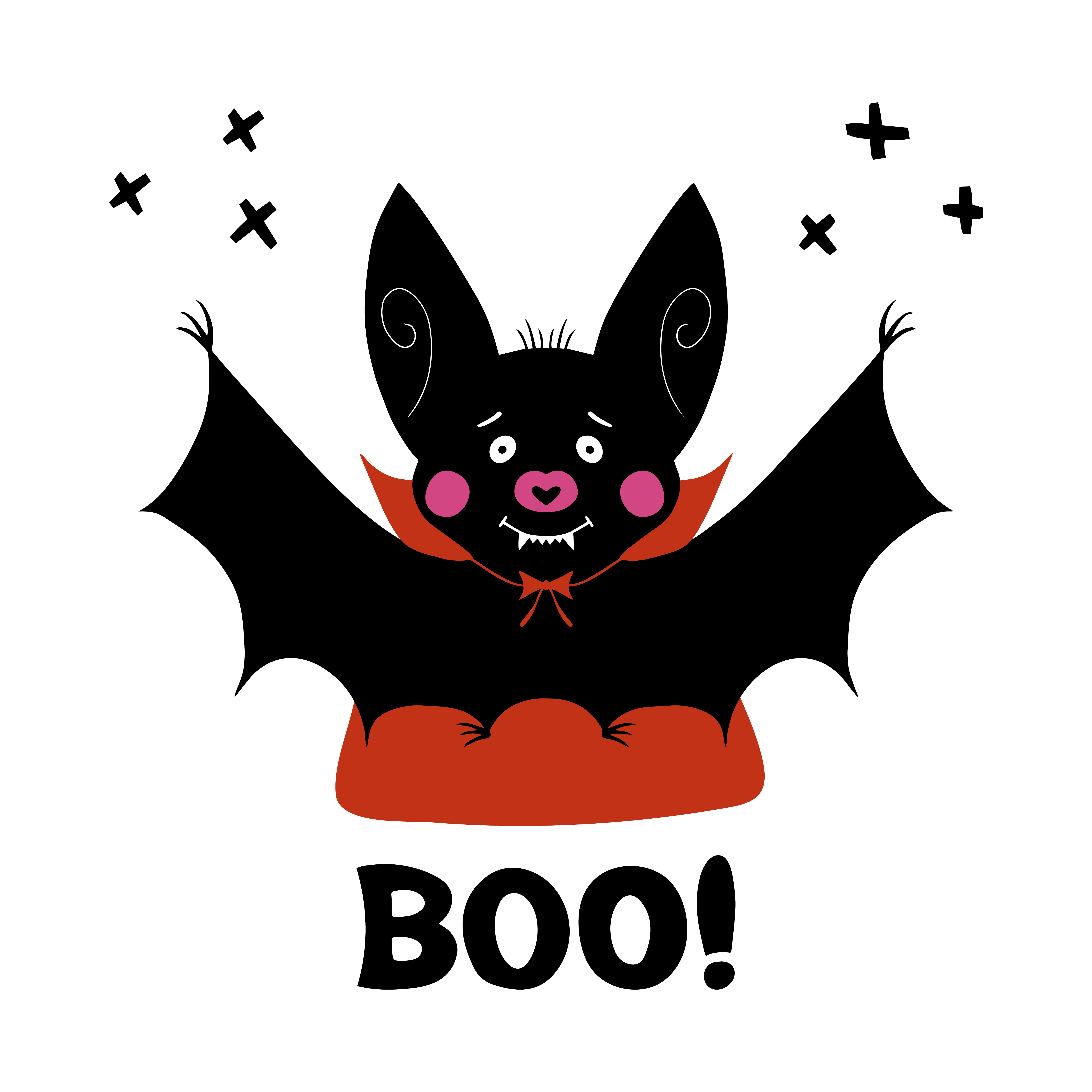 Cute cartoon vampire bat with fangs and red cloak and boo word 3051048