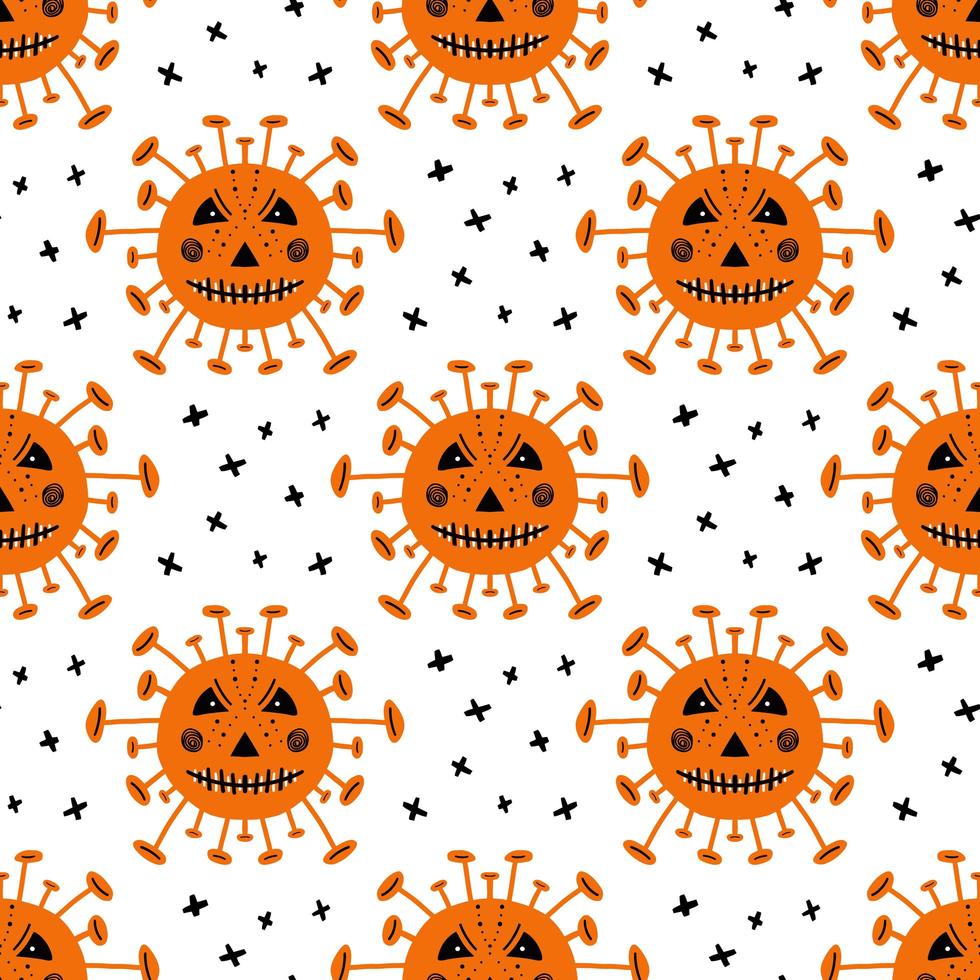 Coronavirus bacteria with scary face and crosses Halloween pattern vector