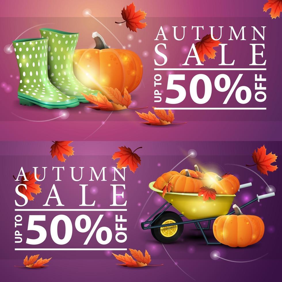 Autumn sale, two horizontal discount banners vector