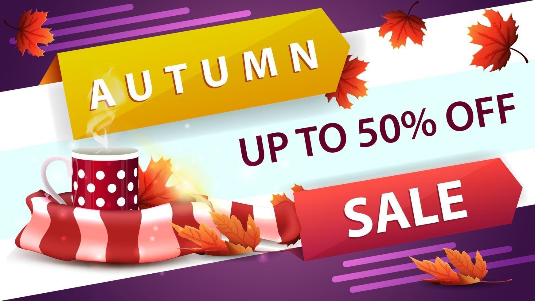 Autumn discount web banner with mug of hot tea and warm scarf vector