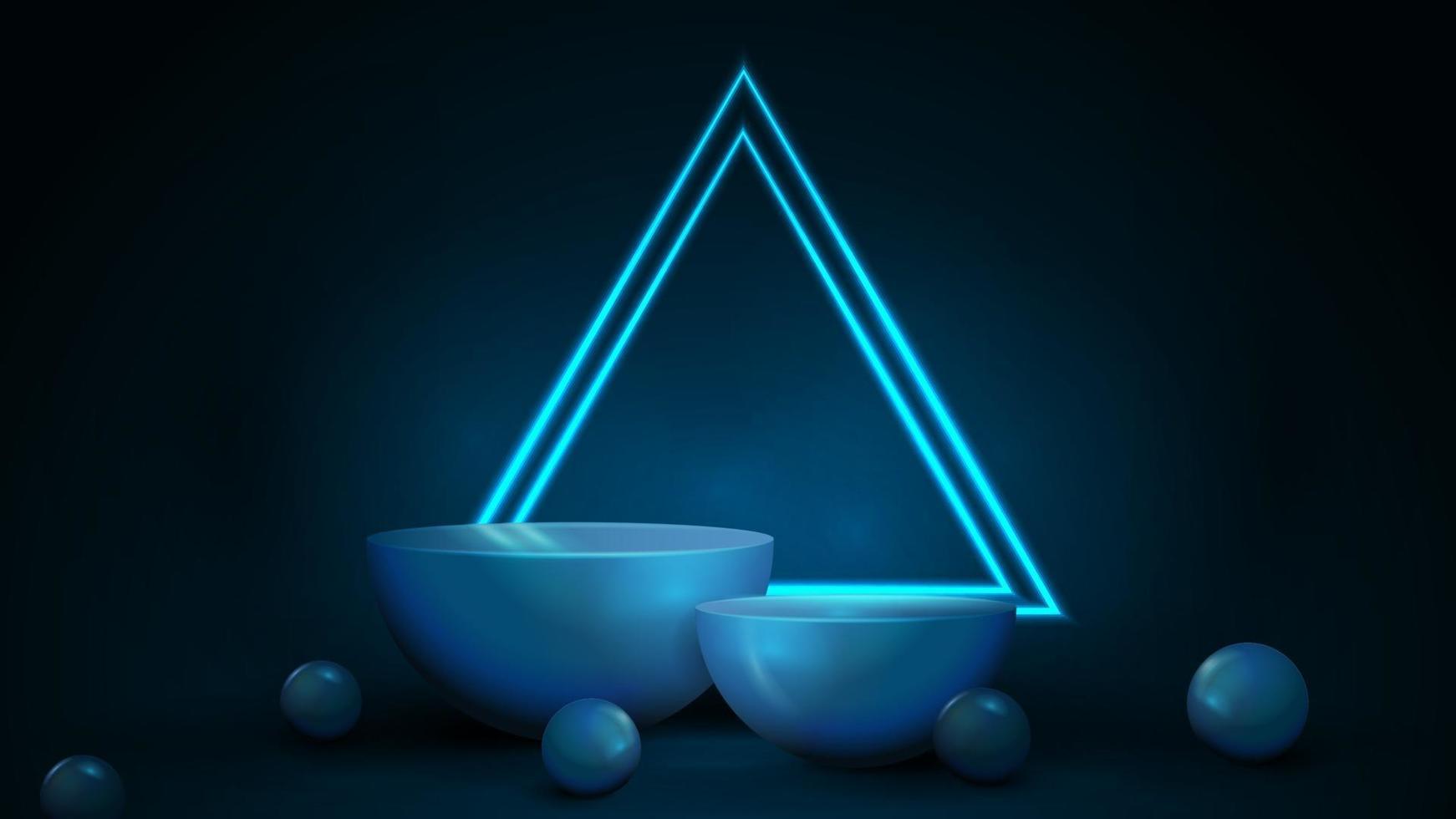 Empty blue semicircular pedestals with large neon triangular frames vector