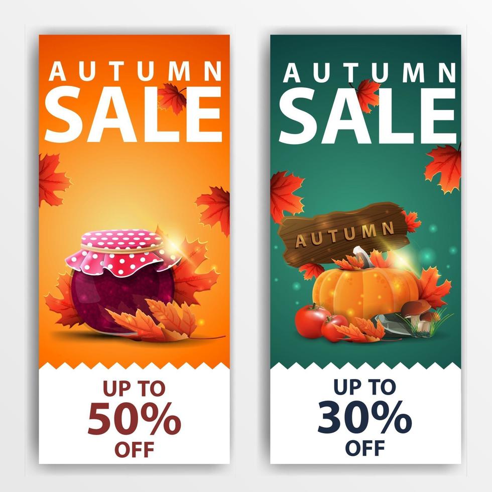 venta de otoño, dos banners verticales de descuento para su negocio. vector