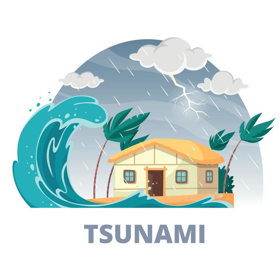 Tsunami Disaster Round Composition Vector Illustration