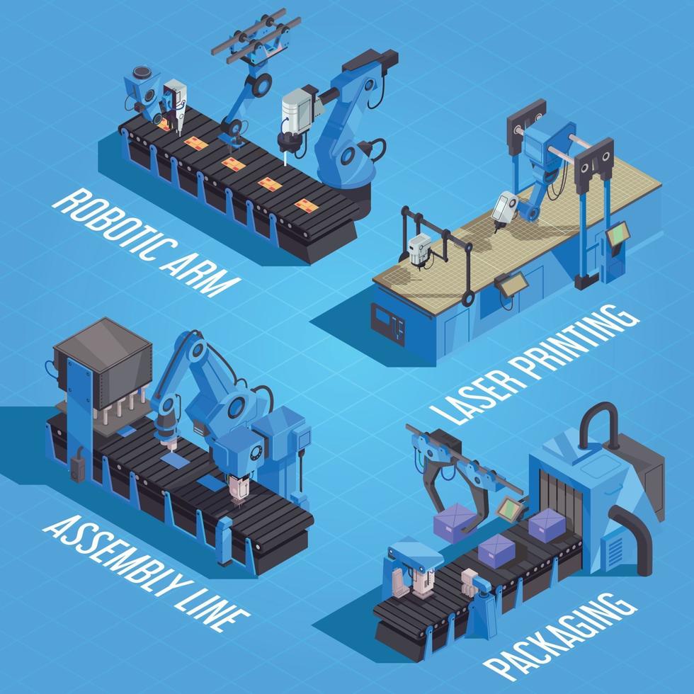 Ilustración de vector de composición de automatización de robot isométrico