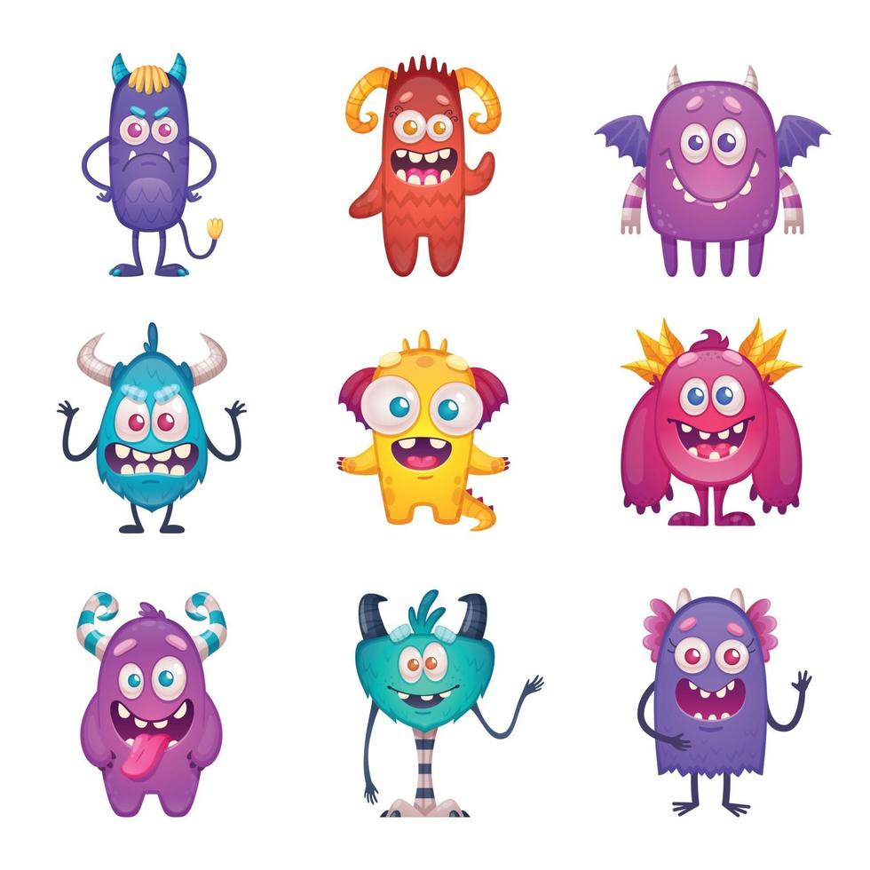 Funny Cartoon Monster Set Vector Illustration