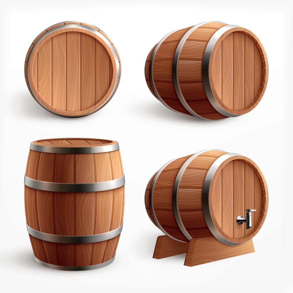 Realistic Wooden Barrels Set Vector Illustration