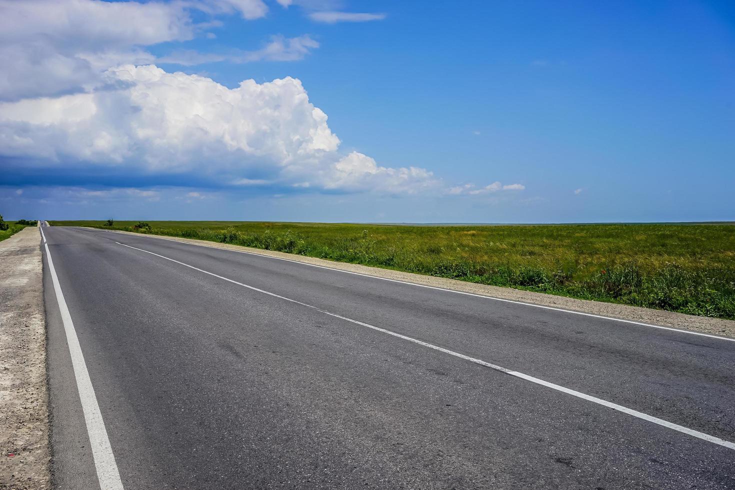 A long highway with no cars on the overgrown grass of the steppe photo