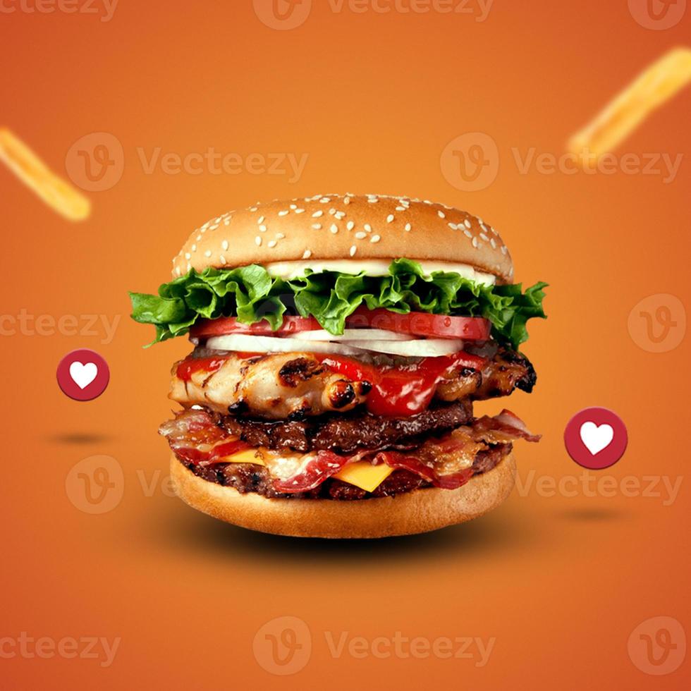 Sabrosa hamburguesa fresca con icono de amor sobre fondo naranja foto