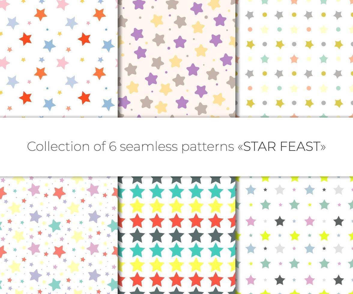 Cute collection of 6 multicolored seamless pattern with festive stars vector