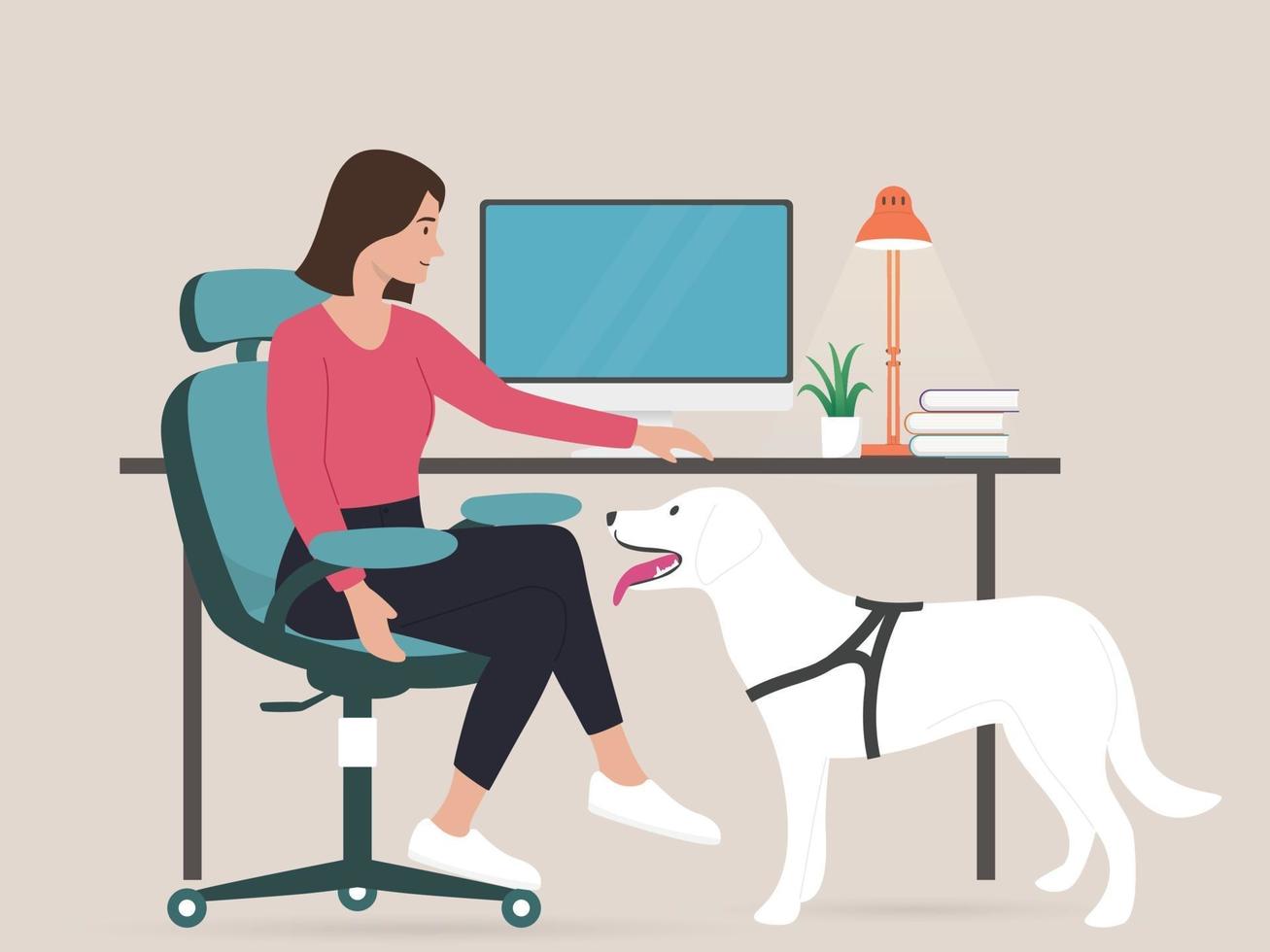 Young business woman working from home with dog vector