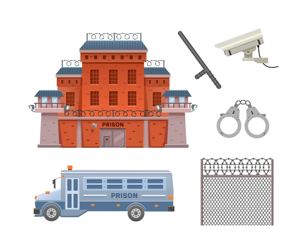 Prison building, prison bus, handcuffs, surveillance camera vector