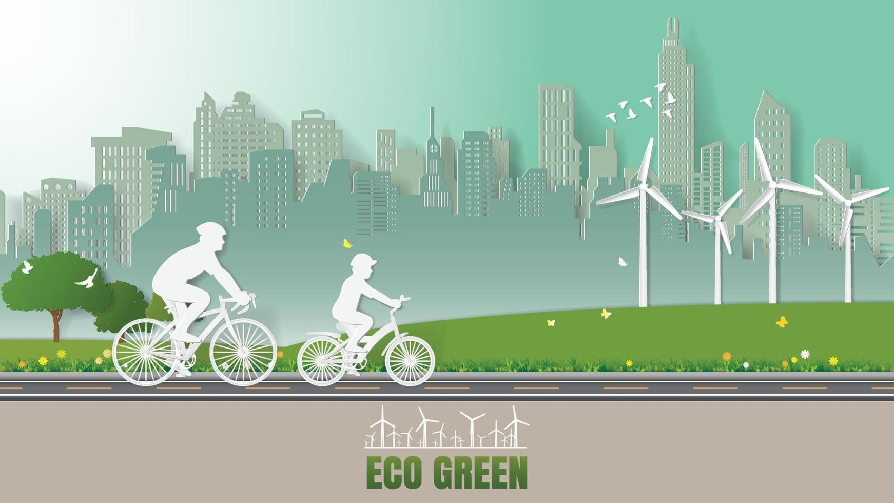 Green energy concepts father son ride bicycle in parks Paper art style vector