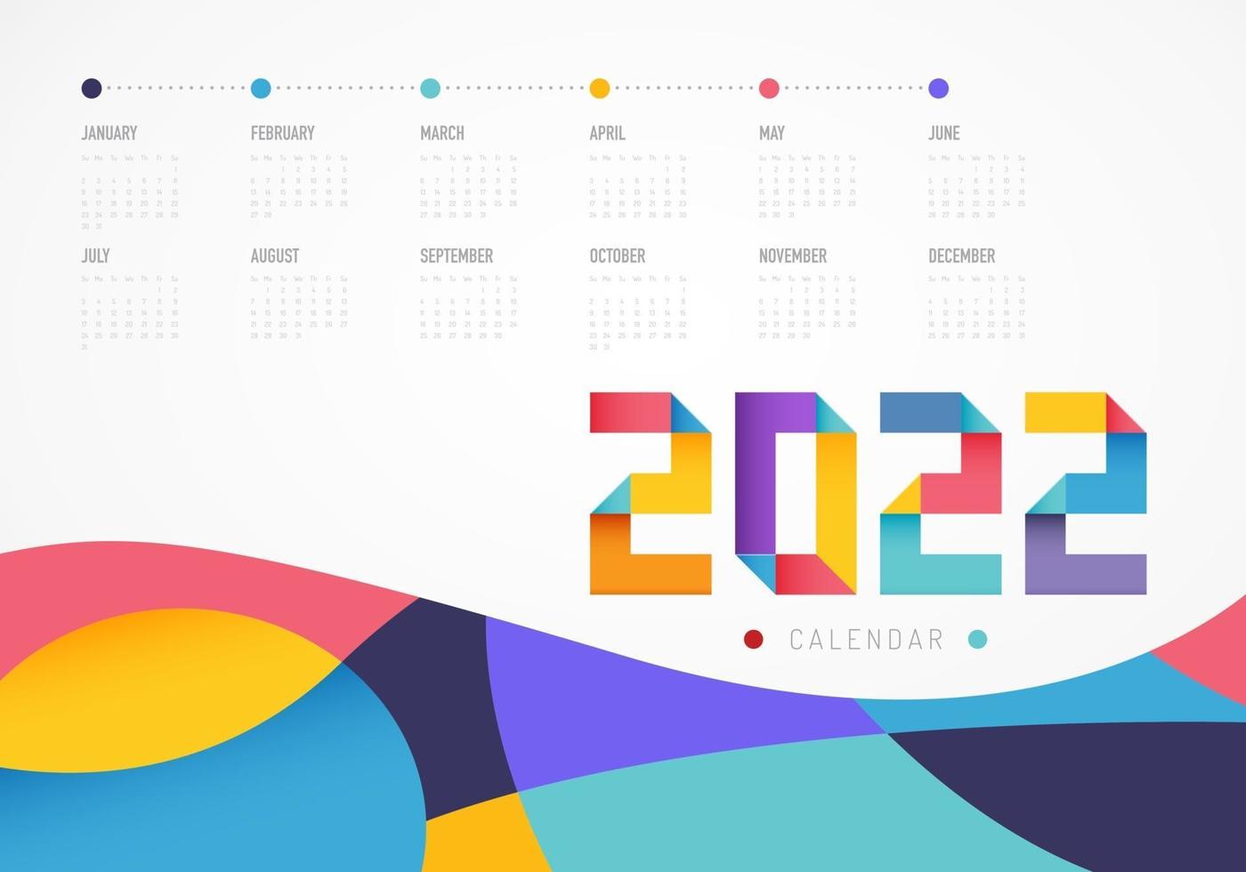 Calendar Colorful planner for 2022. The week starts on sunday. Vector
