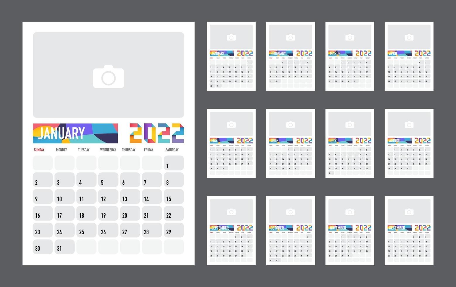 Calendar Colorful planner for 2022. The week starts on sunday. Vector