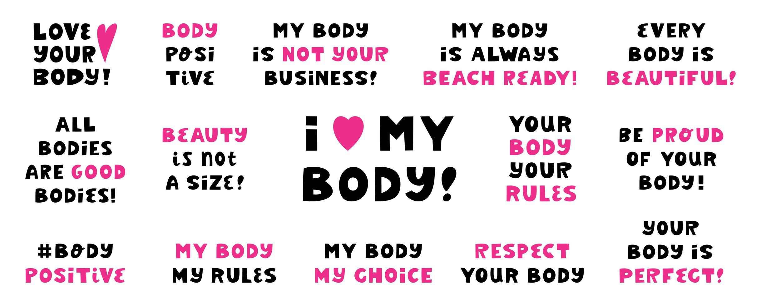 Body positive lettering set isolated on white background. vector