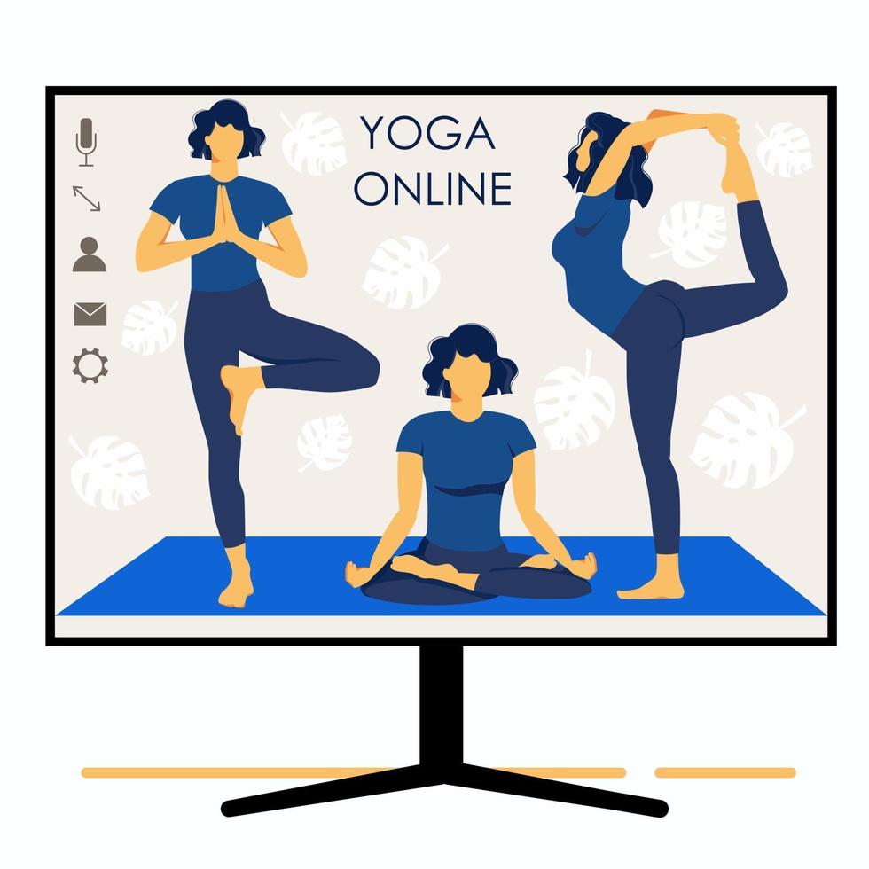 yoga en línea. entrenador de chica tiene una lección en línea. pantalla del monitor. Deportes vector