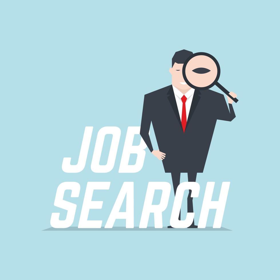 Businessman holding a magnifying glass with job search message. vector