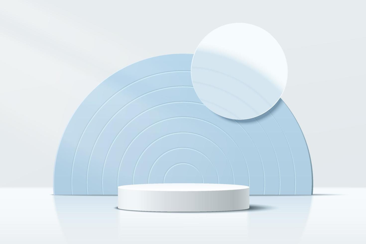 Abstract 3D white cylinder pedestal or podium with blue semi circle. vector