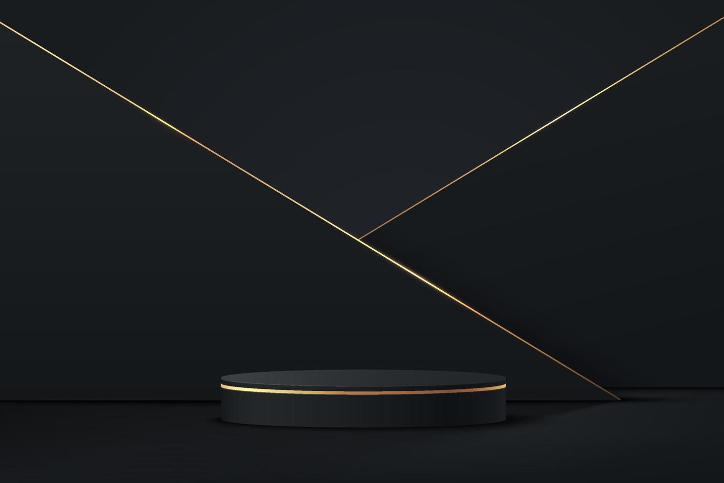 Abstract 3D black cylinder pedestal podium with golden line vector