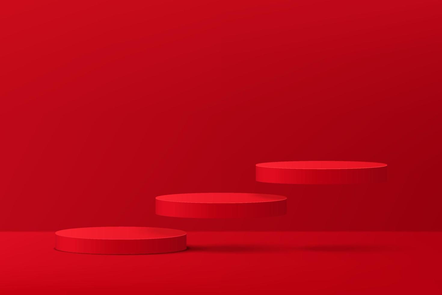 Abstract 3D red cylinder podium floating on air with red wall scene vector