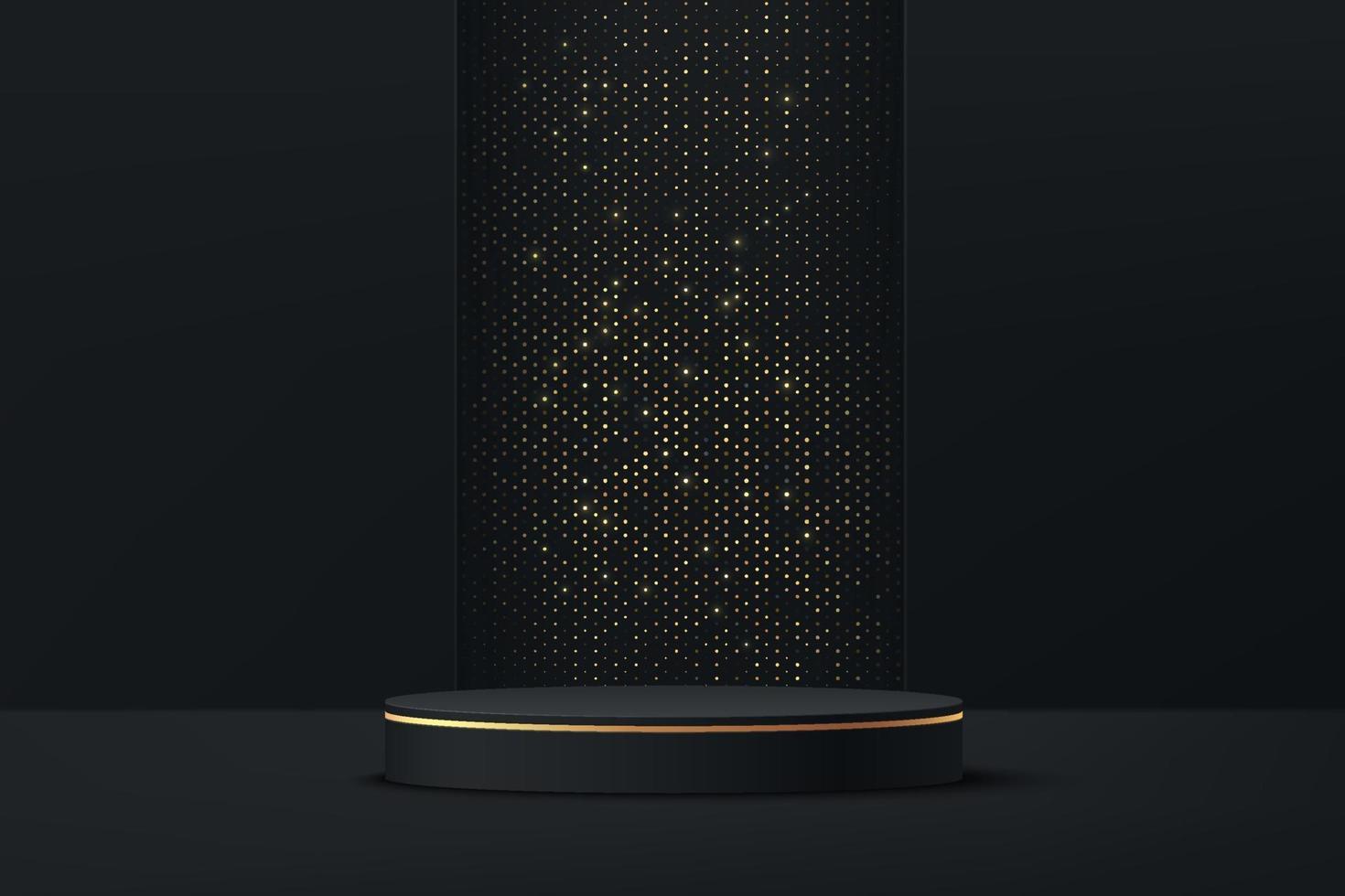 Abstract 3D black cylinder pedestal podium with golden glitter vector