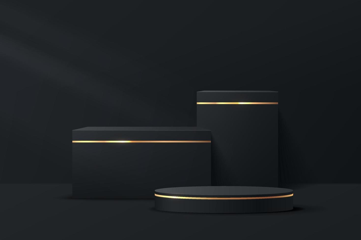 Abstract 3D black, golden stripe cylinder pedestal and cube podium vector