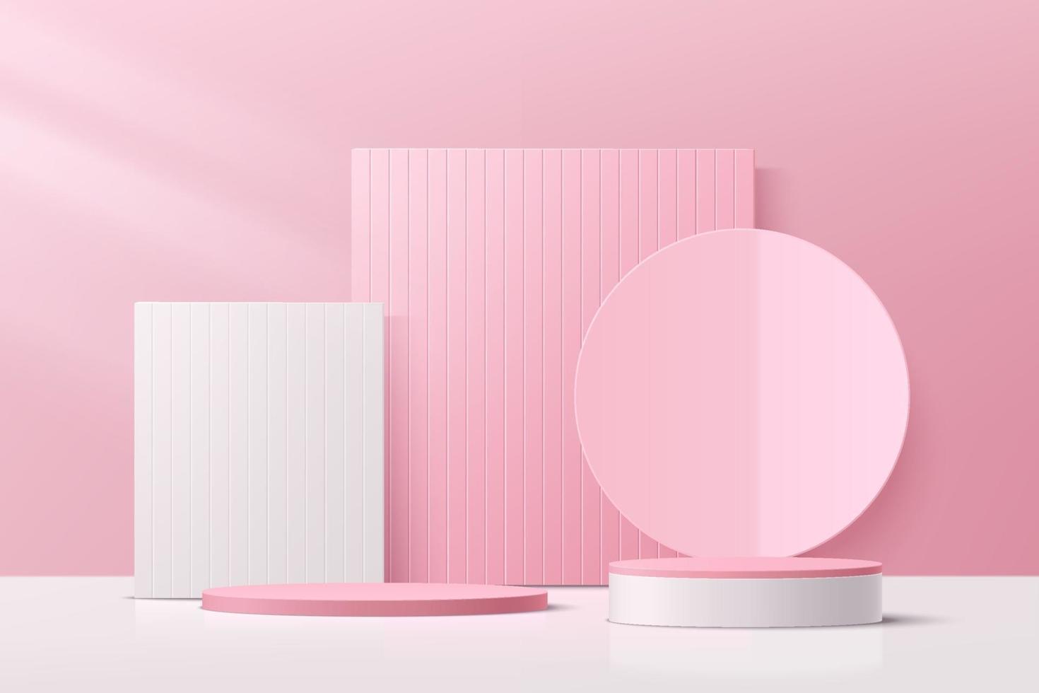 Abstract 3D white, pink cylinder pedestal podium with pink geometric vector