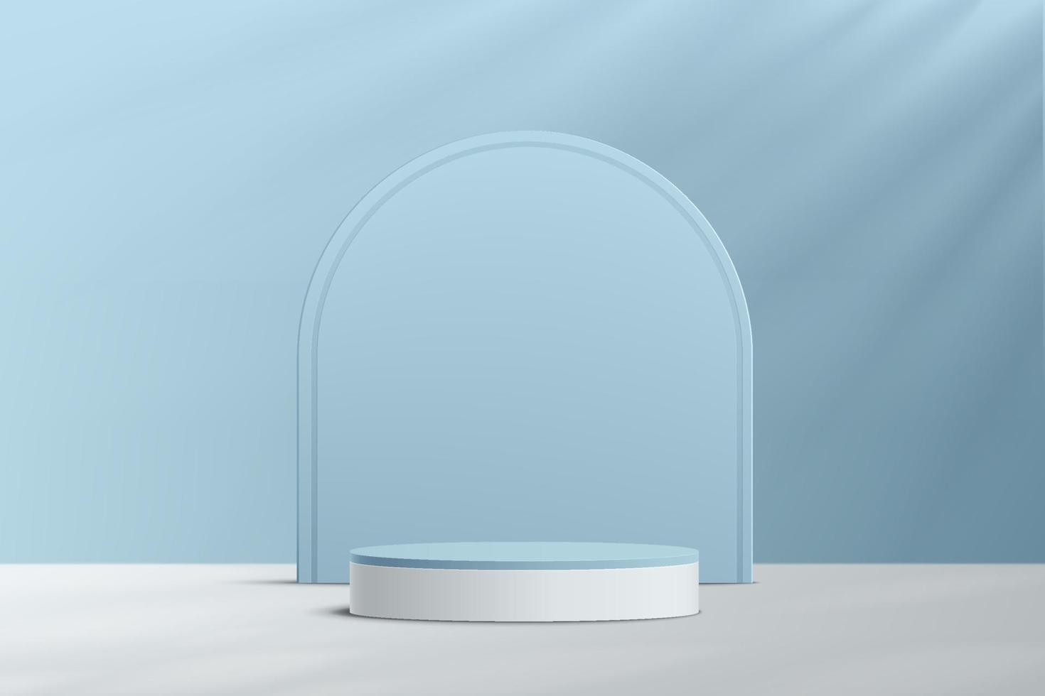 Abstract 3D blue white cylinder pedestal podium with arch backdrop. vector