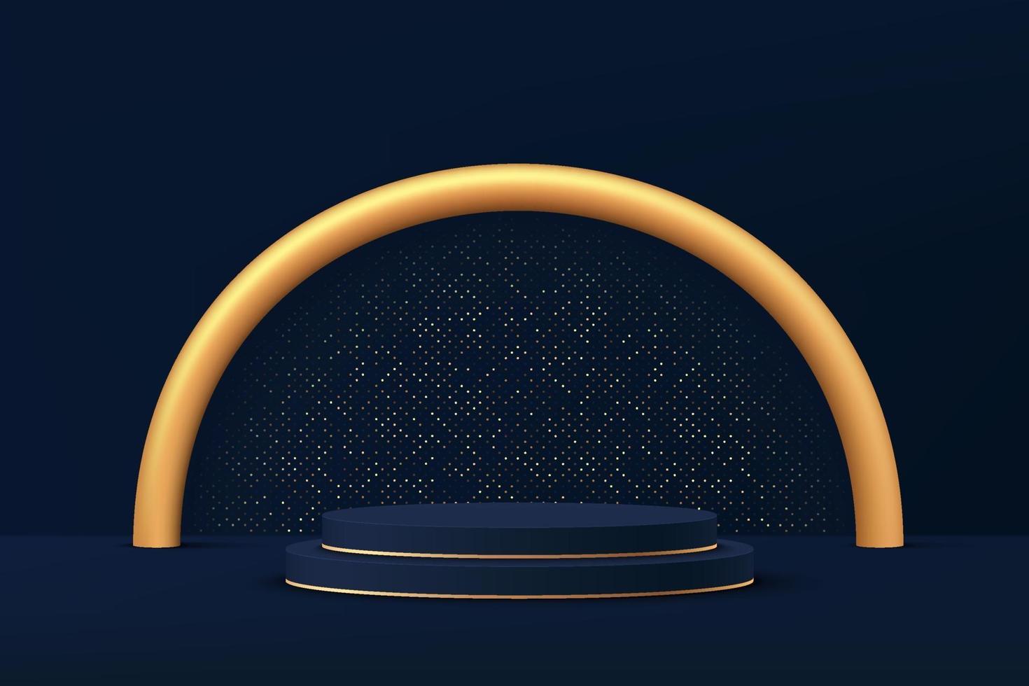 Abstract 3D dark blue cylinder pedestal podium with golden semi circle vector