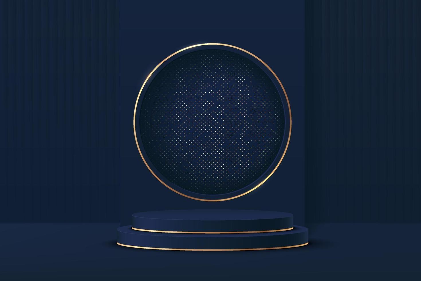 Abstract 3D dark blue cylinder podium with golden circle and glitter vector