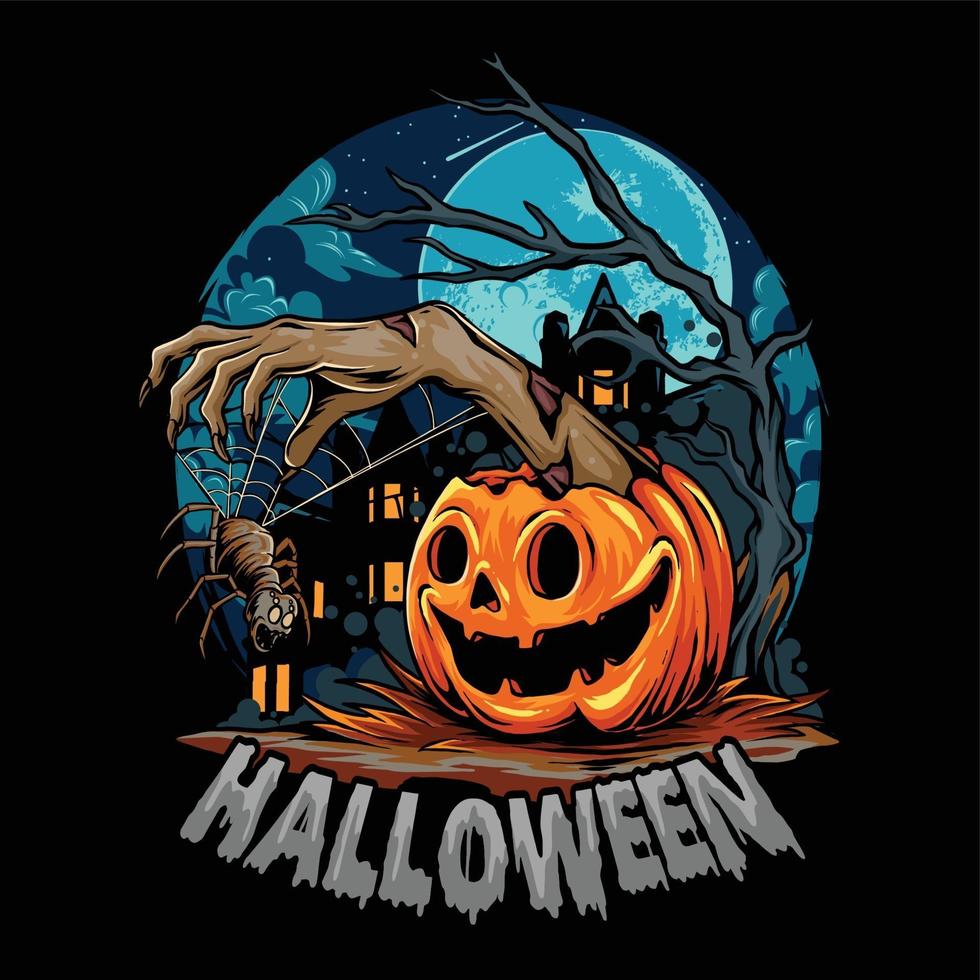 halloween con calabaza repartiendo manos de zombie con araña aterradora vector