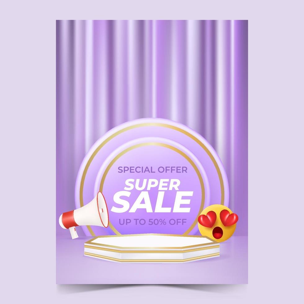 minimal geometric podium with curtain. 3d poster sales promotion. vector