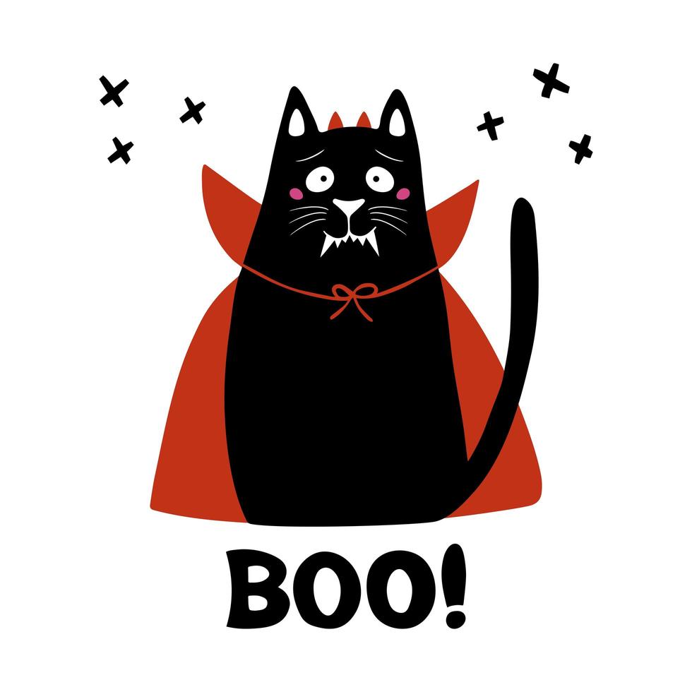 Cute cat wear vampire costume with fangs horns, red cloak and boo word vector