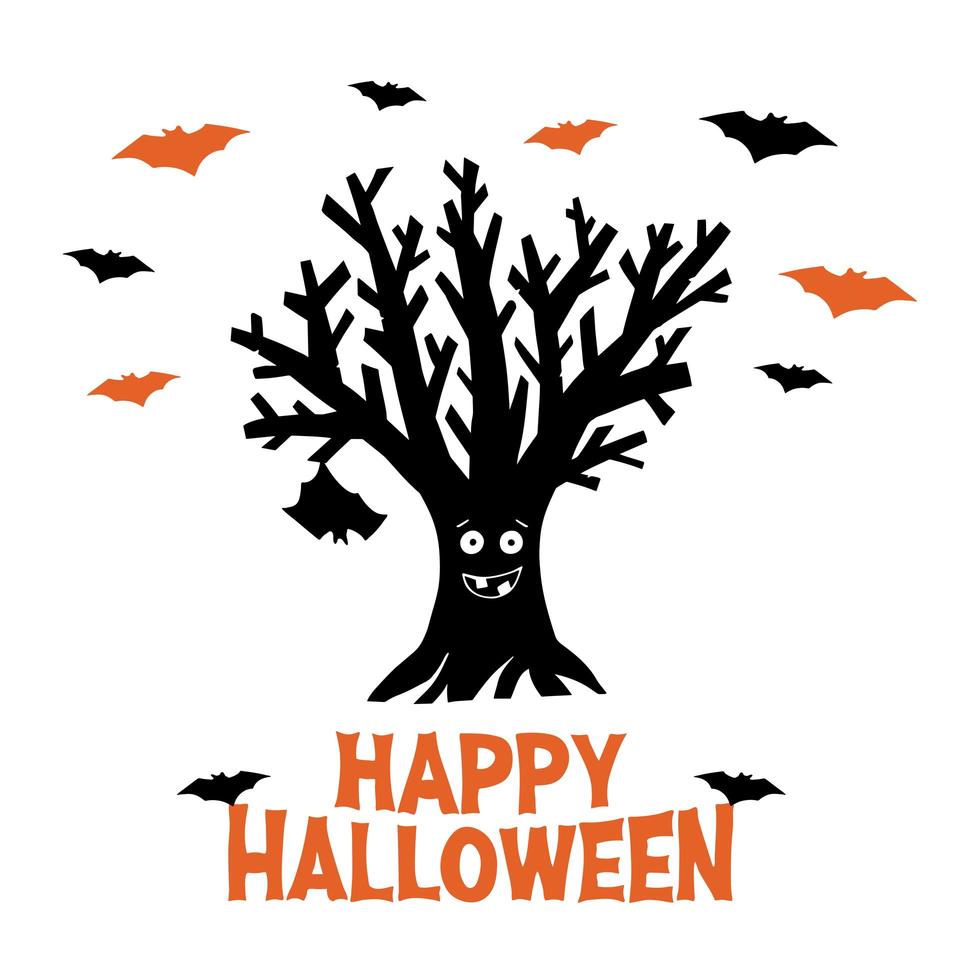 Dry funny tree with hanging bat and flying bats Happy Halloween card vector