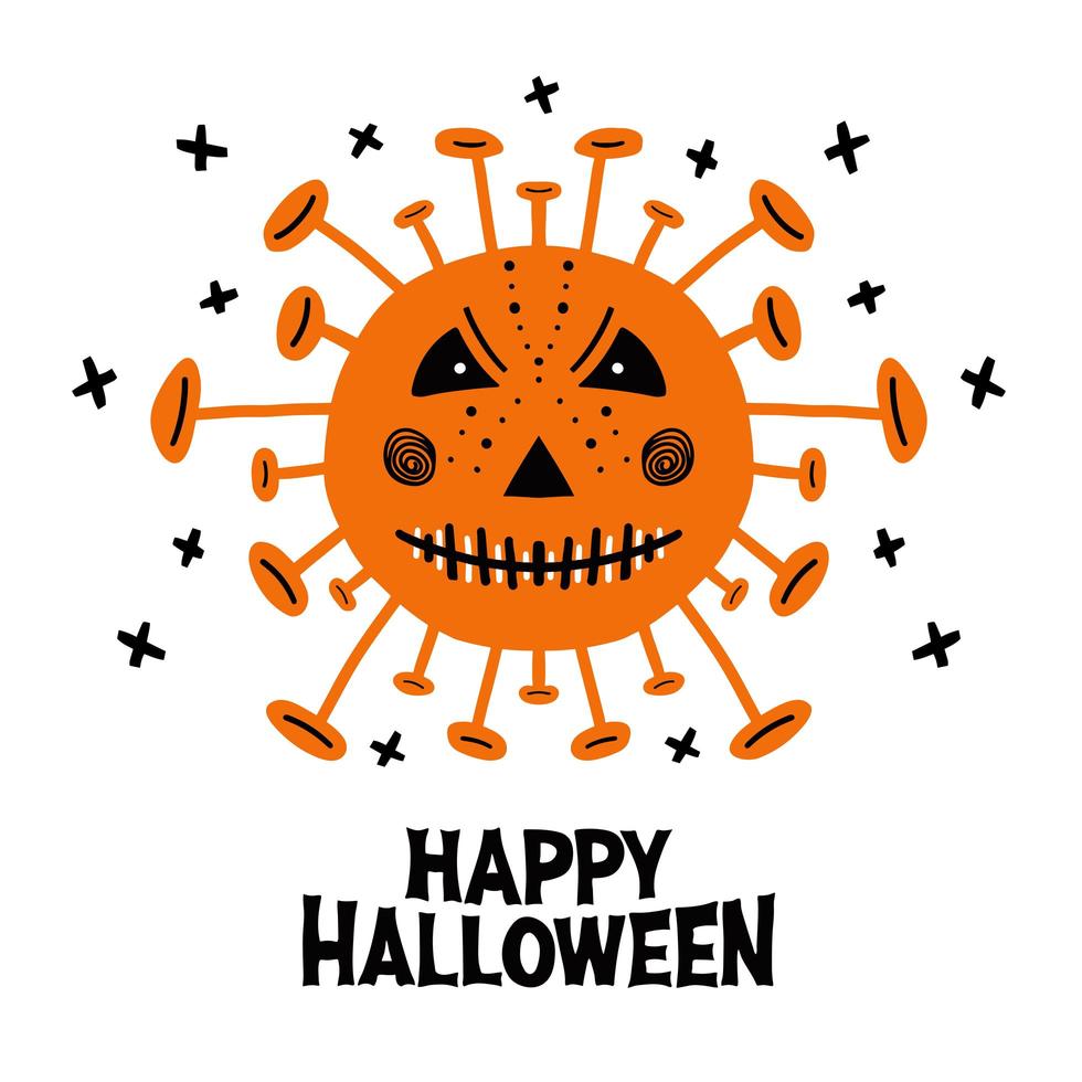 Halloween coronavirus bacteria with scary face and lettering vector