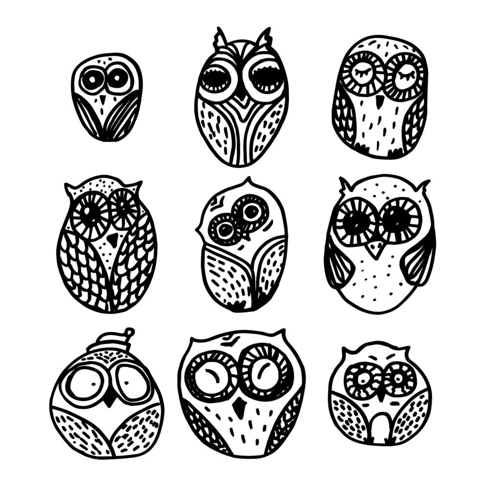 Owls hand drawn set vector