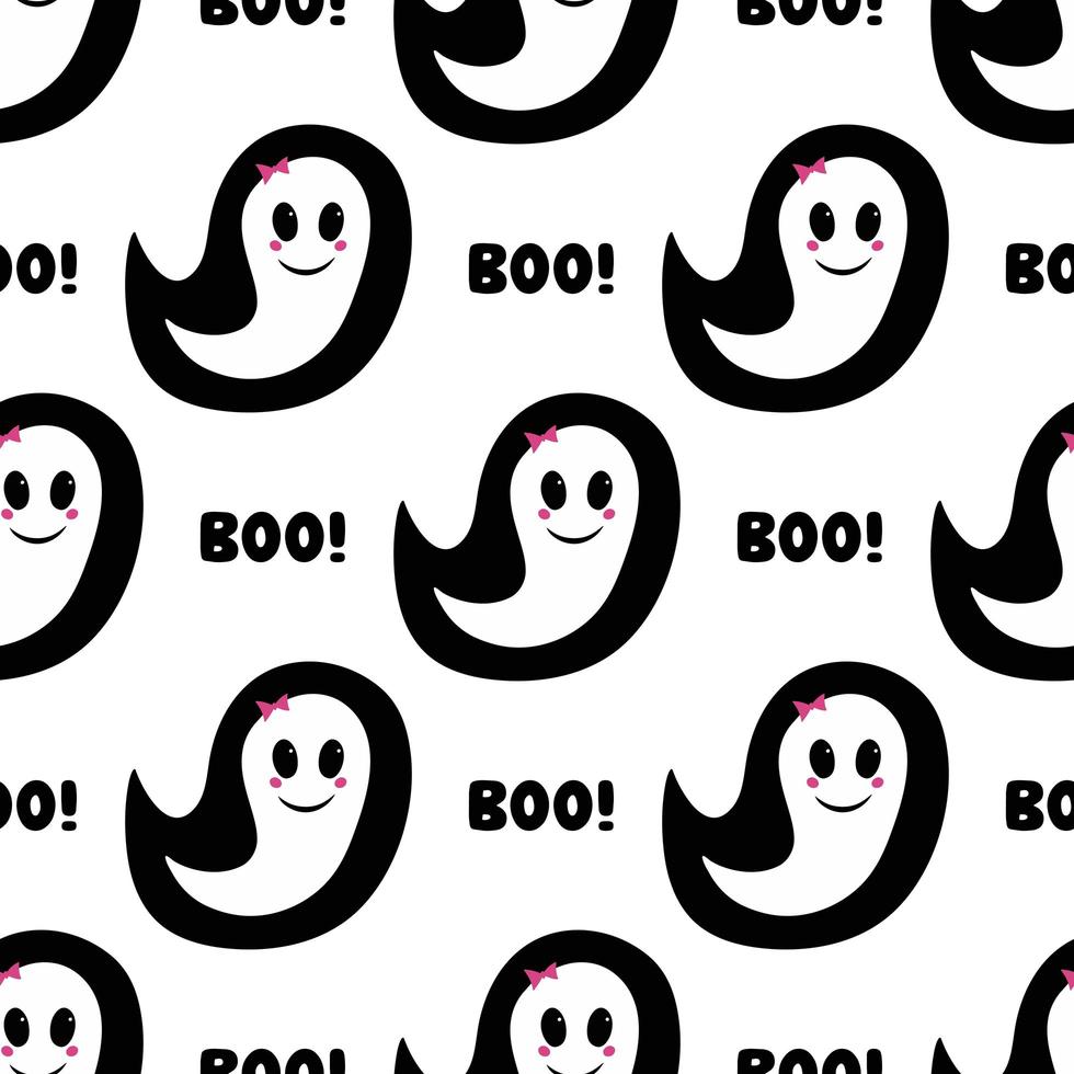 Cute girl ghost with pink blush, bow and boo word, seamless pattern vector