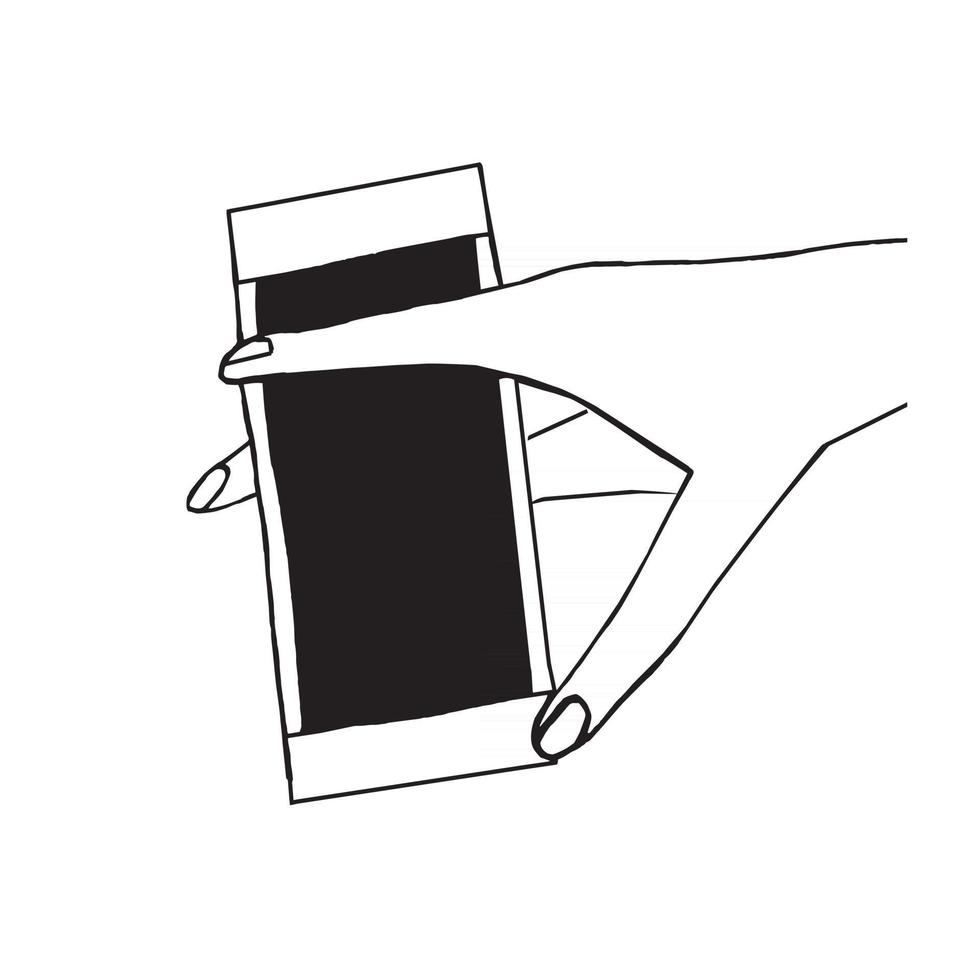 Doodle hand drawn sketch of hand using or holding smart mobile vector