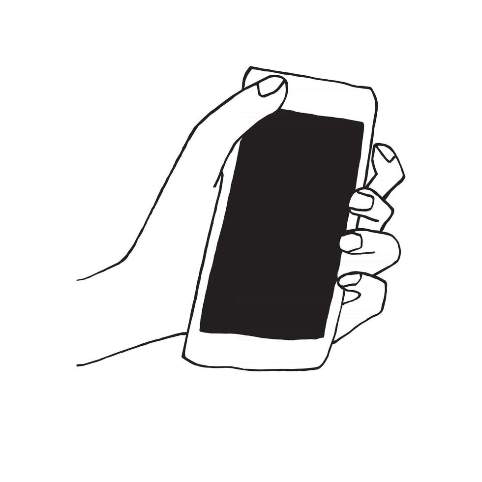 Doodle hand drawn sketch of hand using or holding smart mobile vector