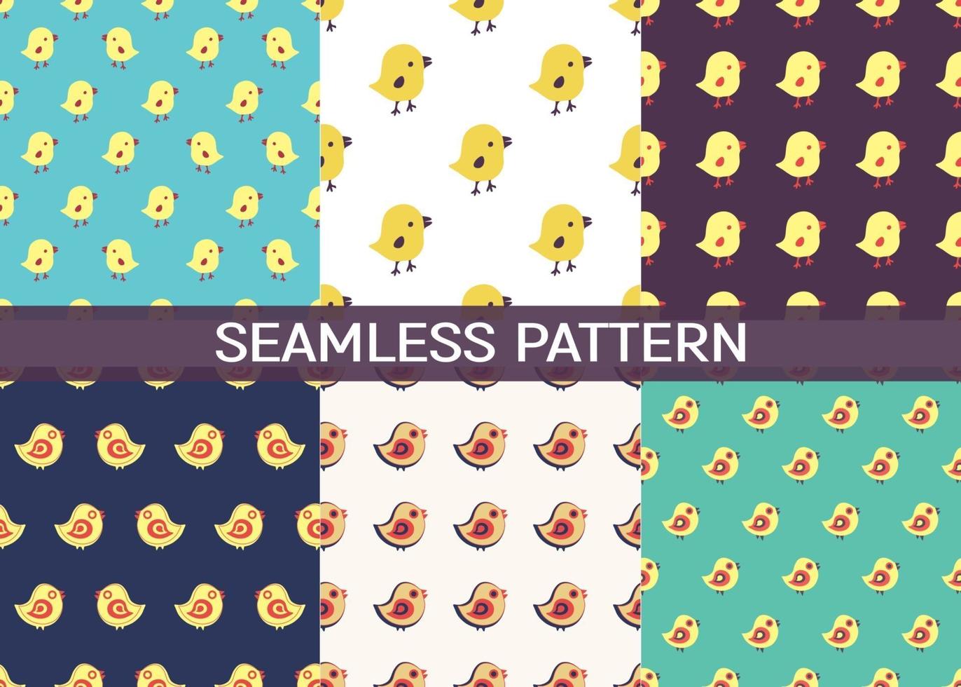 Set of 6 Seamless pattern with cartoon birds and chicks. vector